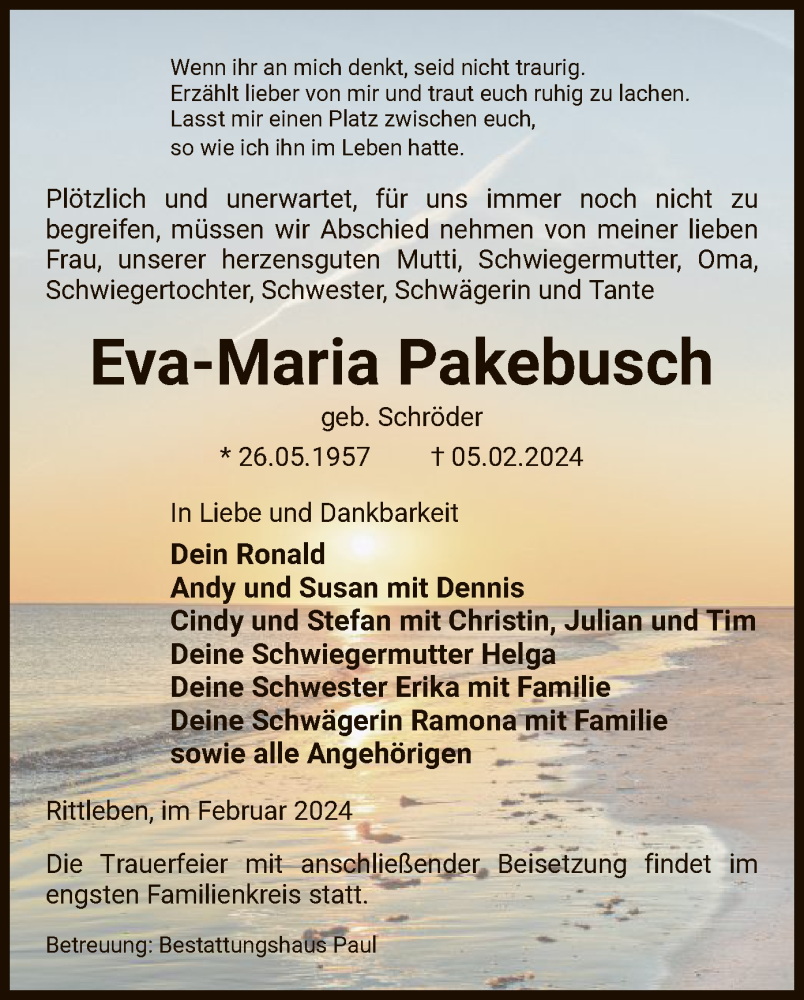  Traueranzeige für Eva-Maria Pakebusch vom 08.02.2024 aus UEL