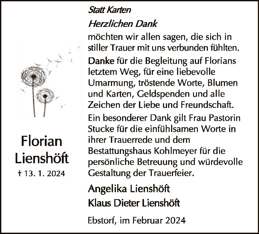  Traueranzeige für Florian Lienshöft vom 10.02.2024 aus UEL