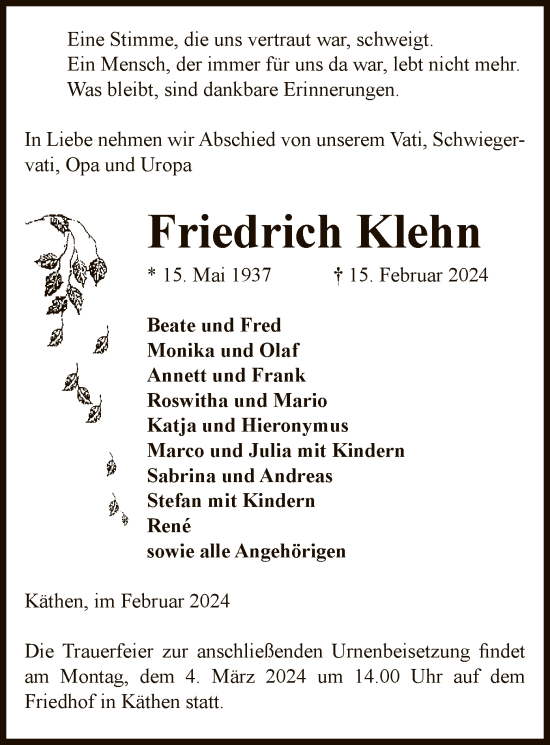 Traueranzeige von Friedrich Klehn von UEL