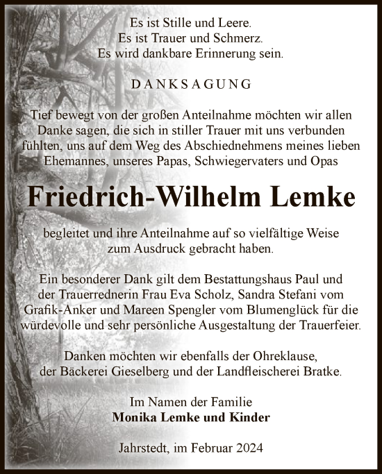 Traueranzeige von Friedrich-Wilhelm Lemke von UEL