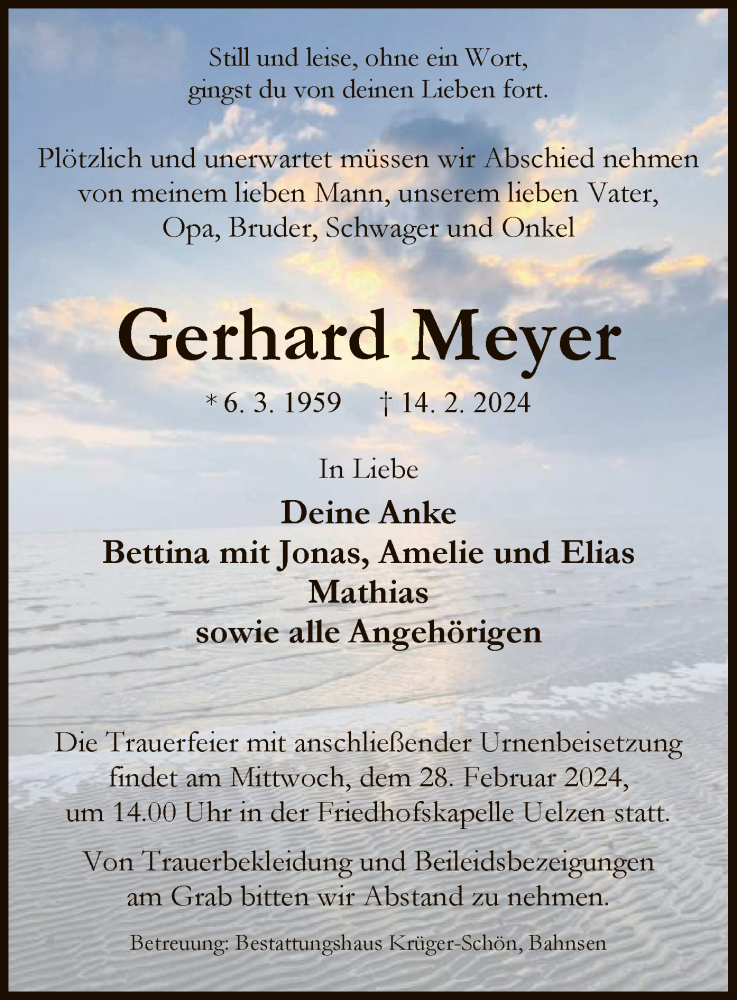  Traueranzeige für Gerhard Meyer vom 17.02.2024 aus UEL