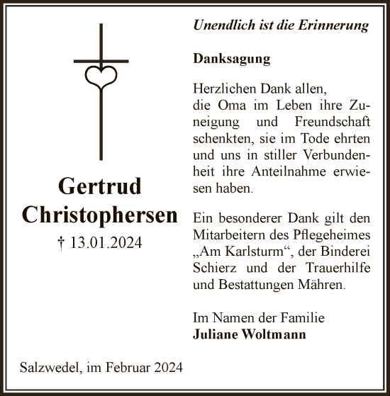 Traueranzeige von Gertrud Christophersen von UEL