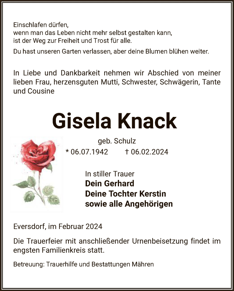  Traueranzeige für Gisela Knack vom 09.02.2024 aus UEL