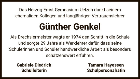 Traueranzeige von Günther Genkel von UEL