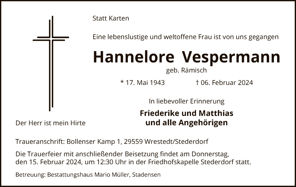  Traueranzeige für Hannelore Vespermann vom 10.02.2024 aus UEL