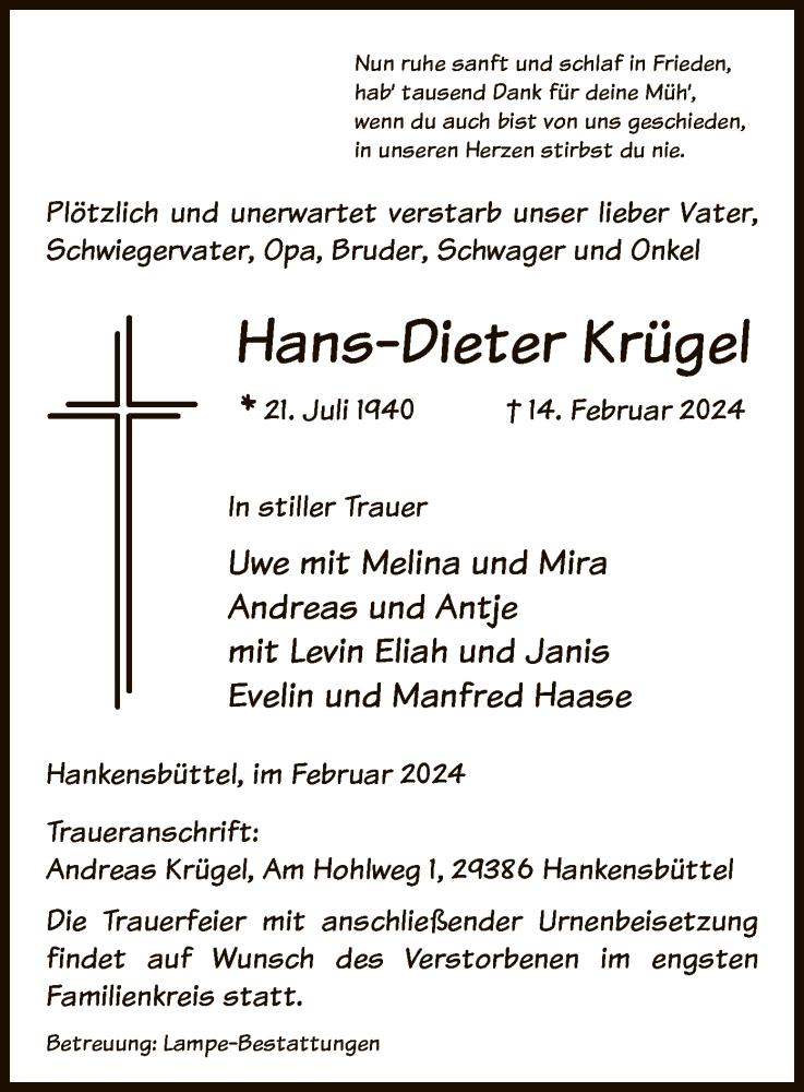  Traueranzeige für Hans-Dieter Krügel vom 17.02.2024 aus UEL