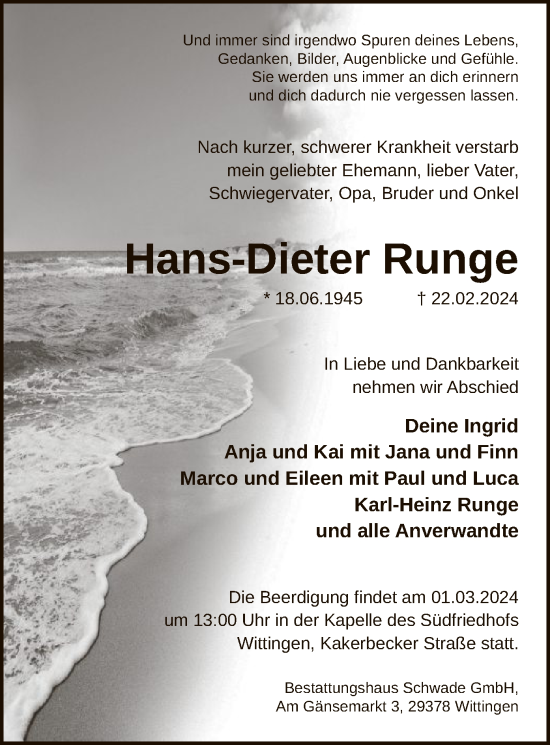 Traueranzeige von Hans-Dieter Runge von UEL