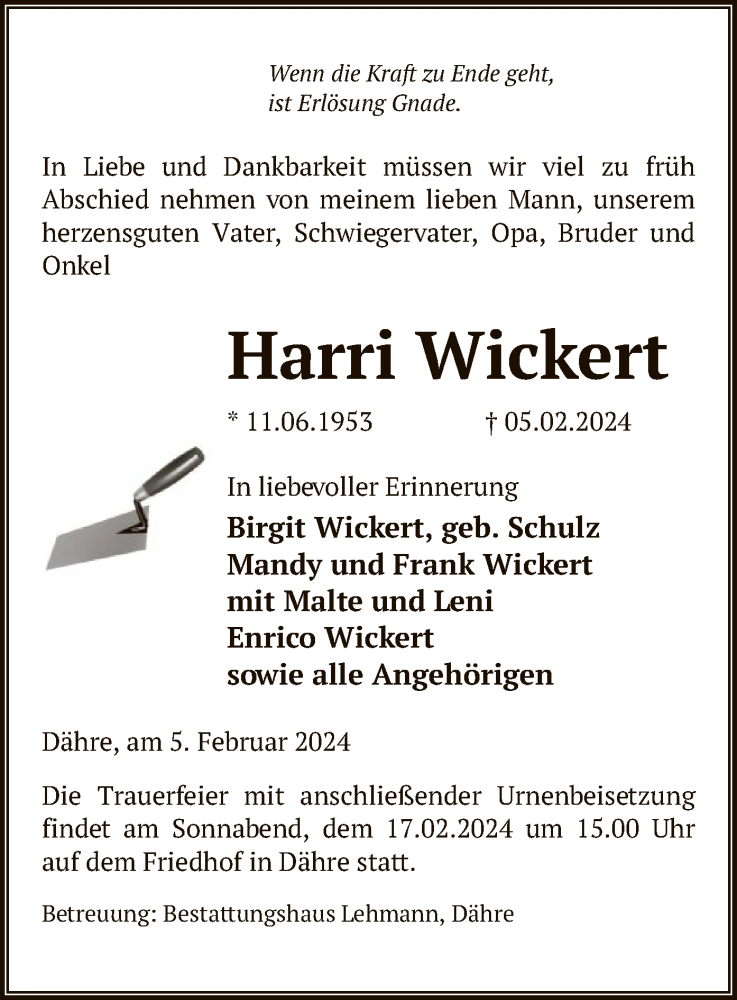  Traueranzeige für Harri Wickert vom 07.02.2024 aus UEL