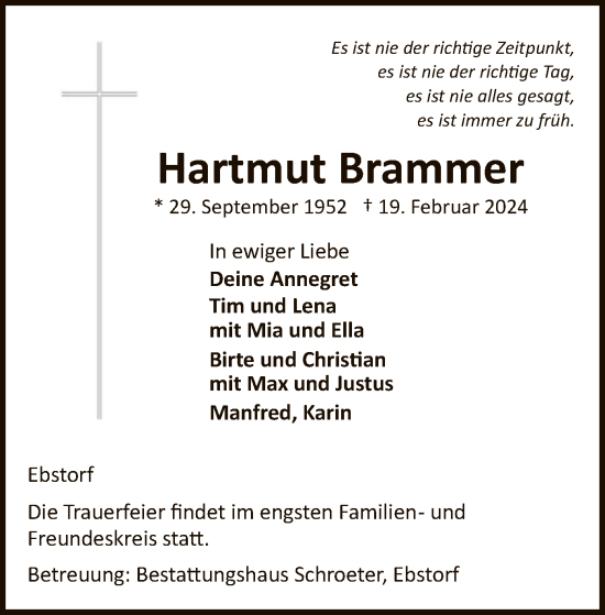 Traueranzeige von Hartmut Brammer von UEL