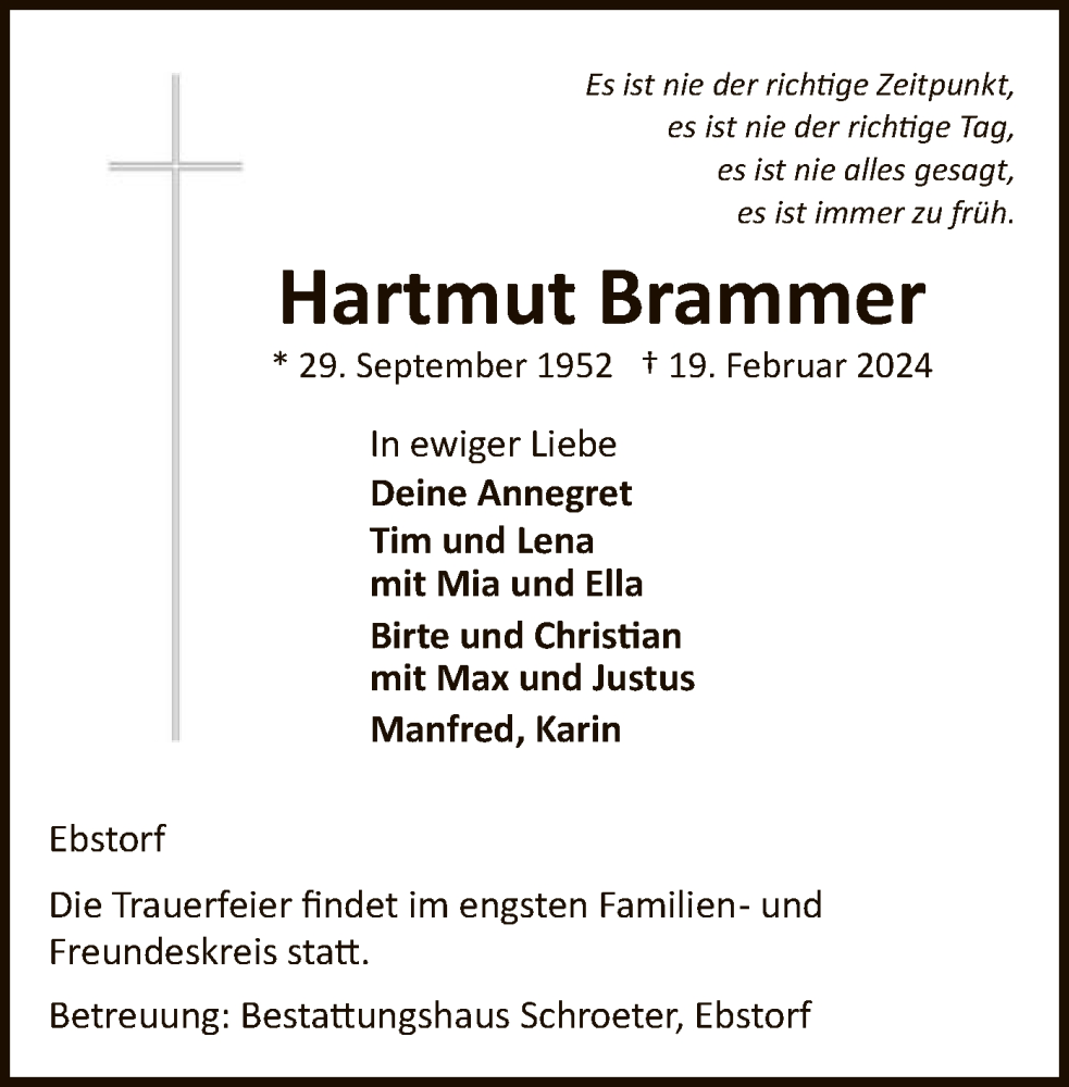  Traueranzeige für Hartmut Brammer vom 24.02.2024 aus UEL