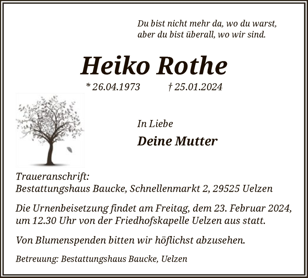  Traueranzeige für Heiko Rothe vom 17.02.2024 aus UEL