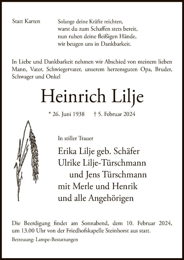  Traueranzeige für Heinrich Lilje vom 08.02.2024 aus UEL