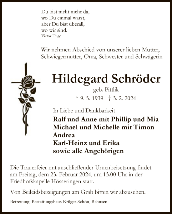 Traueranzeige von Hildegard Schröder von UEL