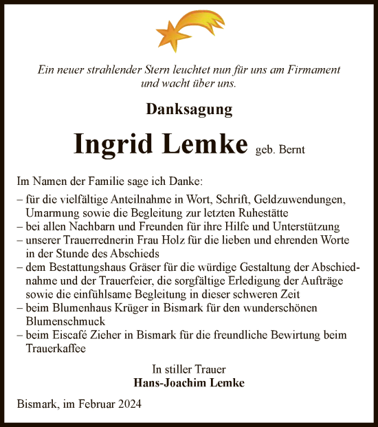 Traueranzeige von Ingrid Lemke von UEL