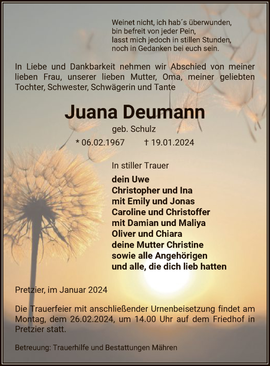 Traueranzeige von Juana Deumann von UEL