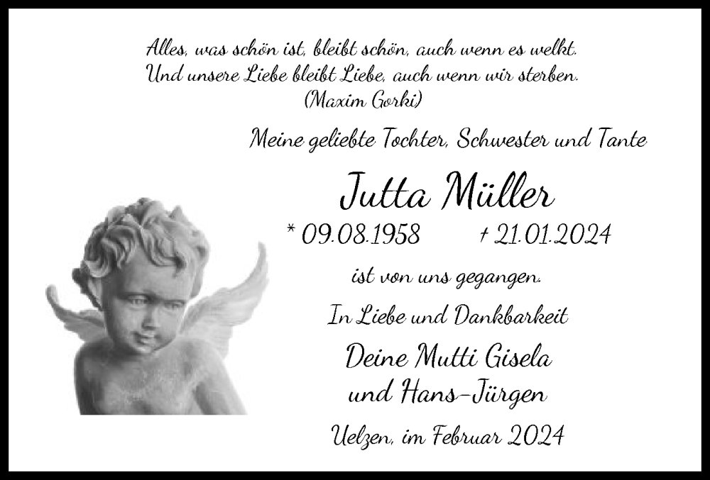  Traueranzeige für Jutta Müller vom 17.02.2024 aus UEL