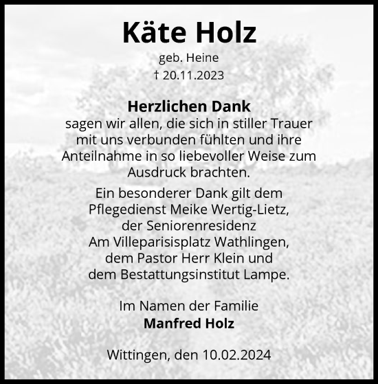 Traueranzeige von Käte Holz von UEL