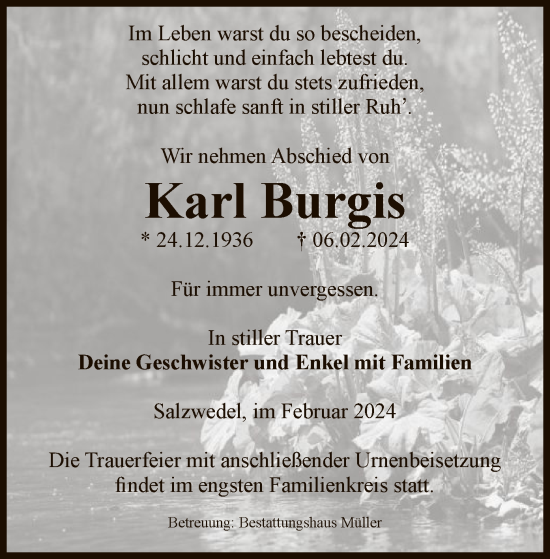 Traueranzeige von Karl Burgis von UEL