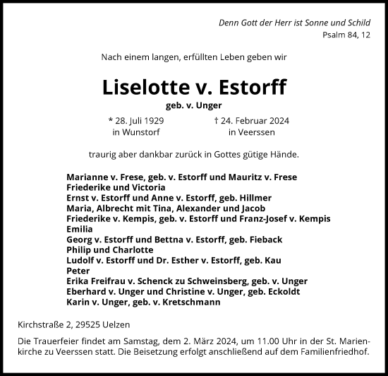 Traueranzeige von Liselotte v. Estorff von UEL