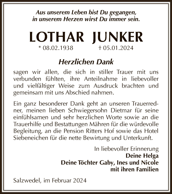 Traueranzeige von Lothar Junker von UEL