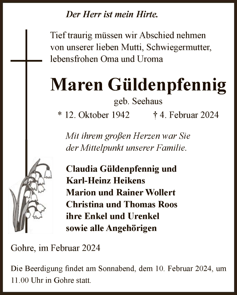  Traueranzeige für Maren Güldenpfennig vom 07.02.2024 aus UEL