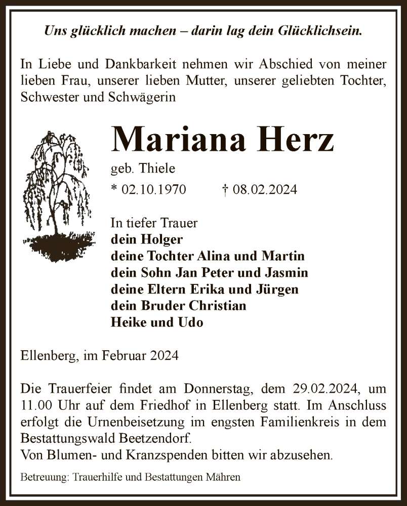  Traueranzeige für Mariana Herz vom 13.02.2024 aus UEL