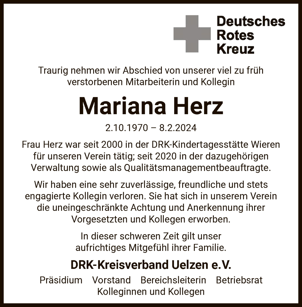  Traueranzeige für Mariana Herz vom 17.02.2024 aus UEL