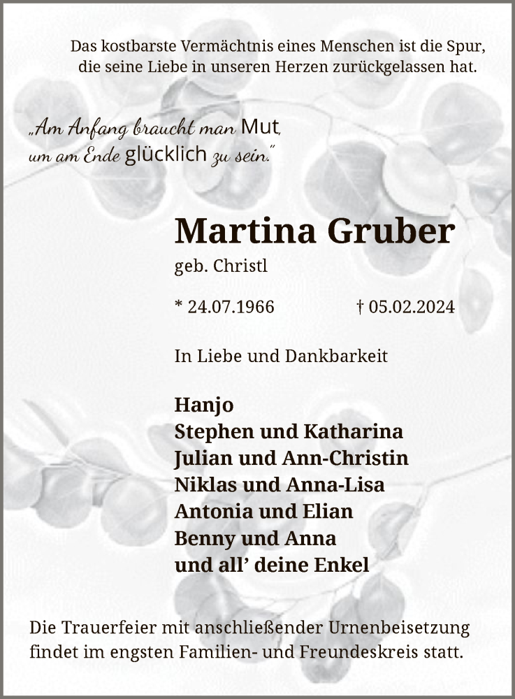  Traueranzeige für Martina Gruber vom 10.02.2024 aus UEL