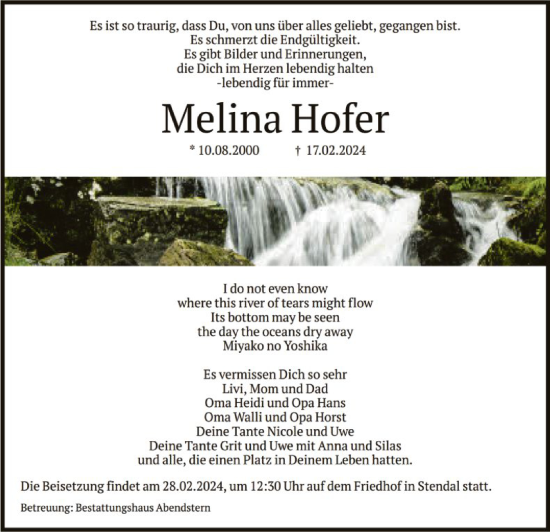 Traueranzeige von Melina Hofer von UEL