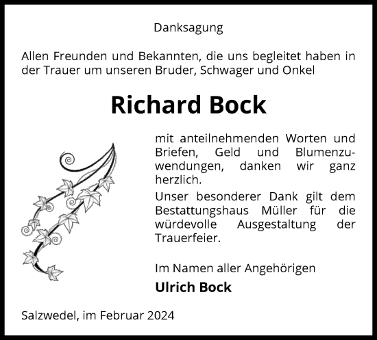 Traueranzeige von Richard Bock von UEL