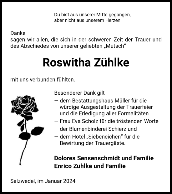 Traueranzeige von Roswitha Zühlke von UEL