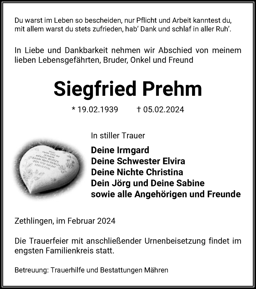  Traueranzeige für Siegfried Prehm vom 09.02.2024 aus UEL