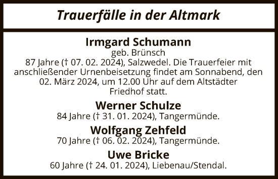 Traueranzeige von Sterbetafel vom 14.02.2024 von UEL