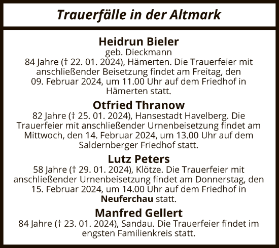 Traueranzeige von Trauerfälle in der Altmark von UEL