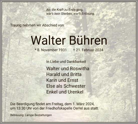 Traueranzeige von Walter Bühren von UEL