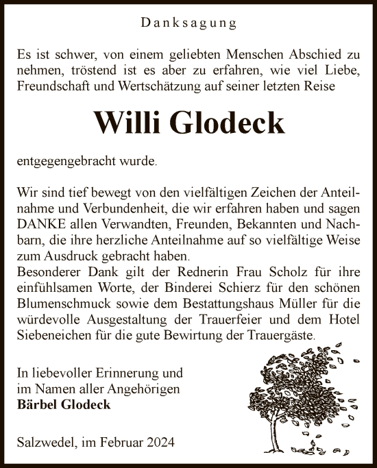 Traueranzeige von Willi Glodeck von UEL