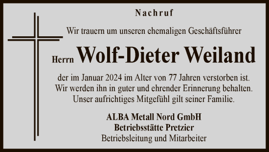 Traueranzeige von Wolf-Dieter Weiland von UEL