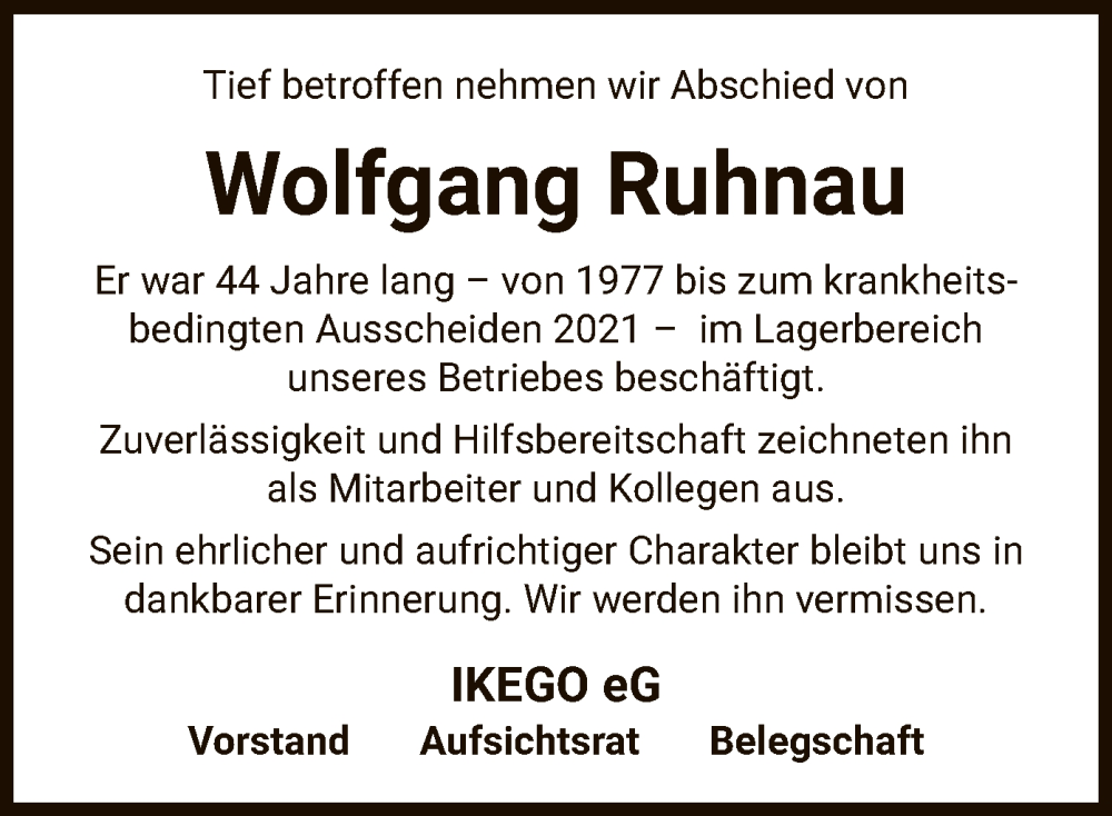  Traueranzeige für Wolfgang Ruhnau vom 24.02.2024 aus UEL