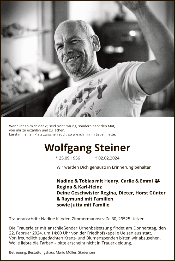  Traueranzeige für Wolfgang Steiner vom 10.02.2024 aus UEL