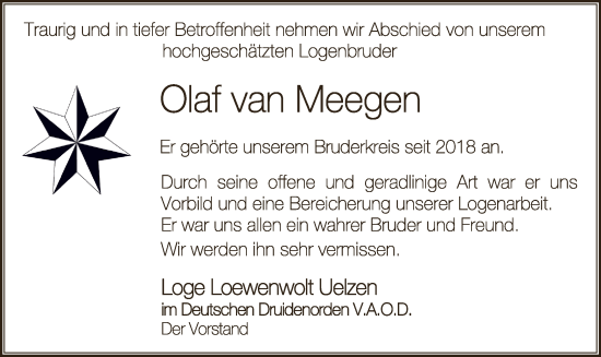 Traueranzeige von Olaf van Meegen von UEL