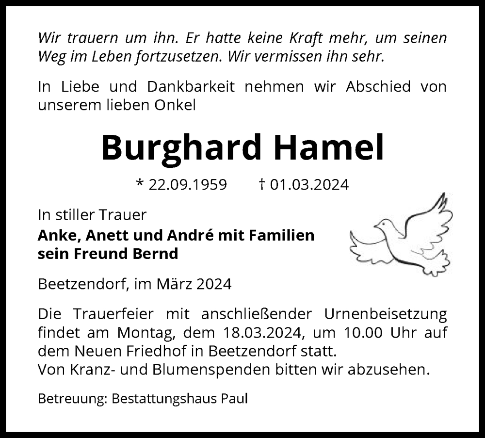  Traueranzeige für Burghard Hamel vom 06.03.2024 aus UEL