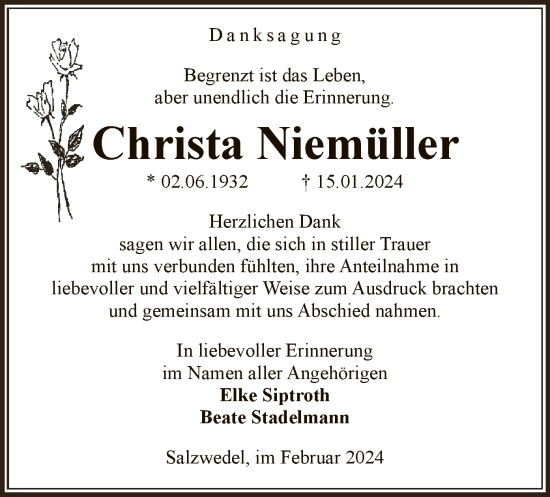 Traueranzeige von Christa Niemüller von UEL