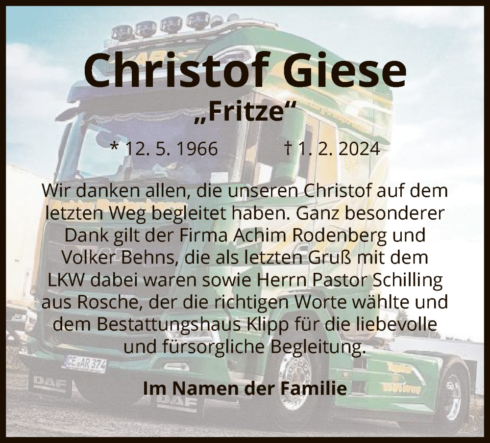  Traueranzeige für Christof Giese vom 23.03.2024 aus UEL