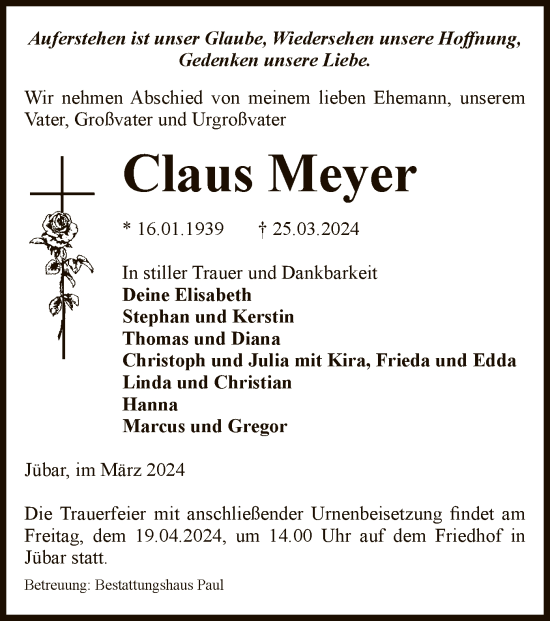 Traueranzeige von Claus Meyer von UEL