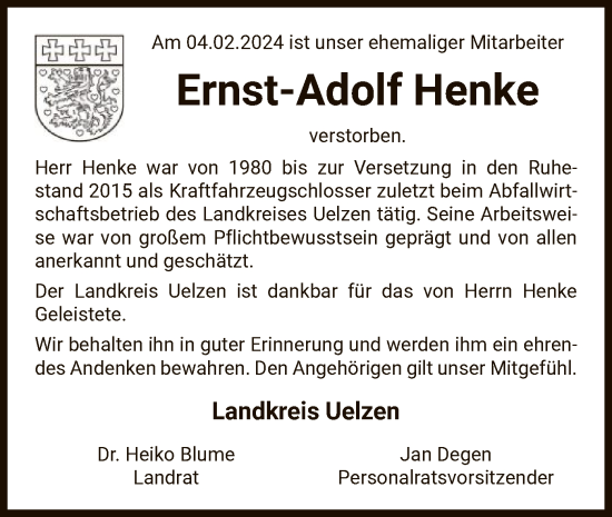 Traueranzeige von Ernst-Adolf Henke von UEL