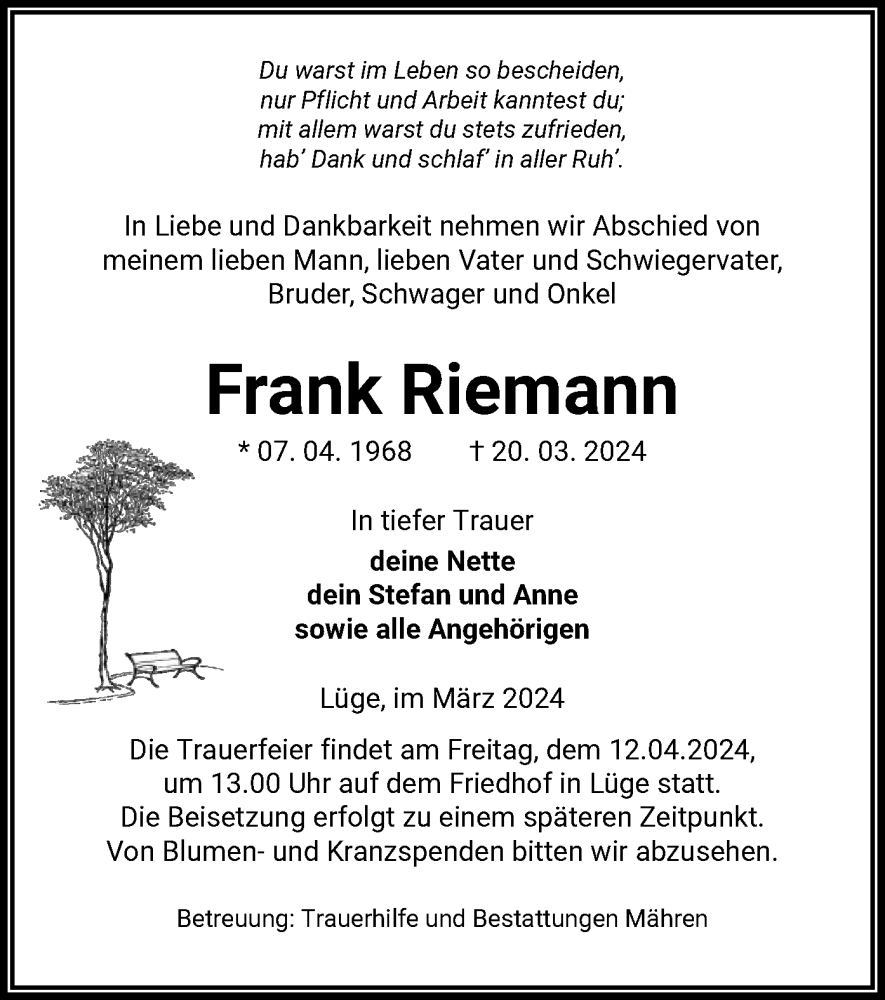  Traueranzeige für Frank Riemann vom 23.03.2024 aus UEL