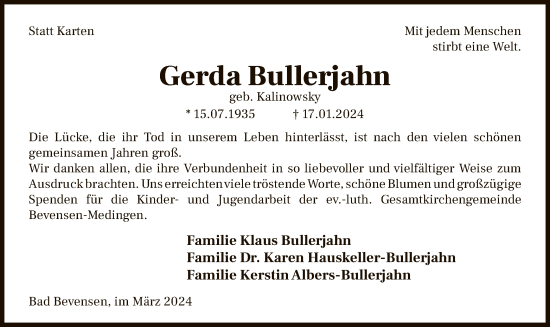 Traueranzeige von Gerda Bullerjahn von UEL