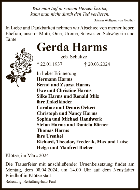 Traueranzeige von Gerda Harms von UEL