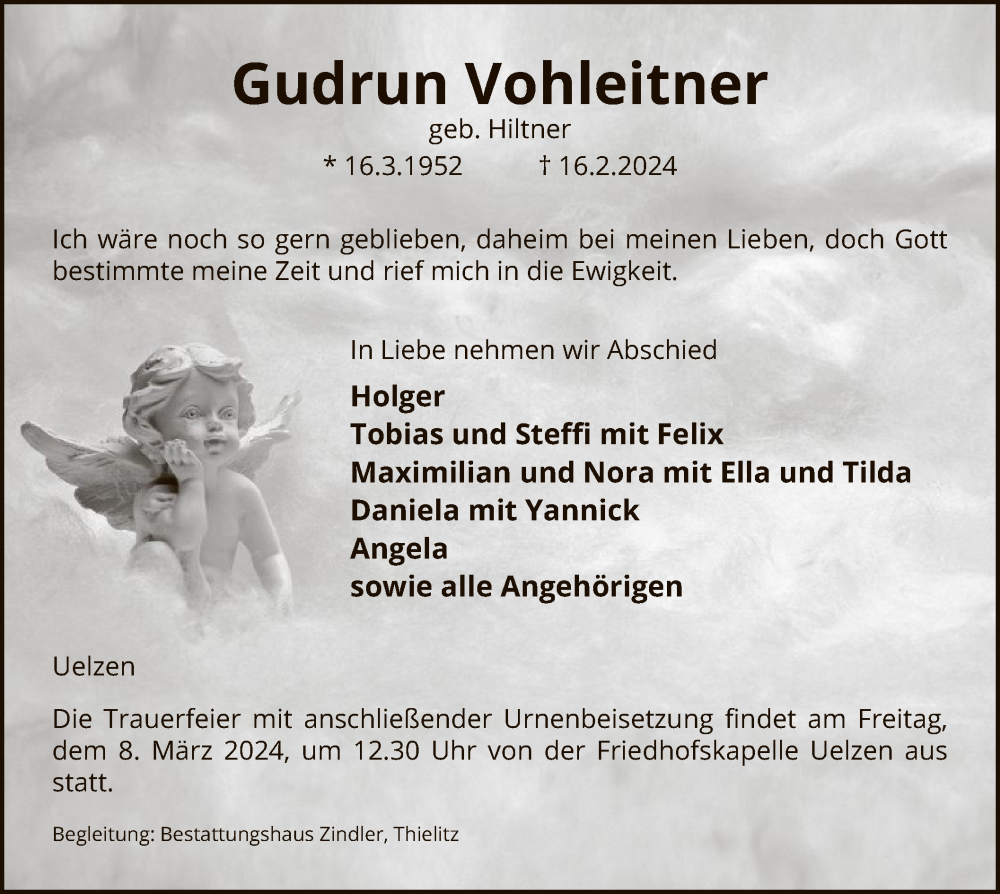  Traueranzeige für Gudrun Vohleitner vom 02.03.2024 aus UEL