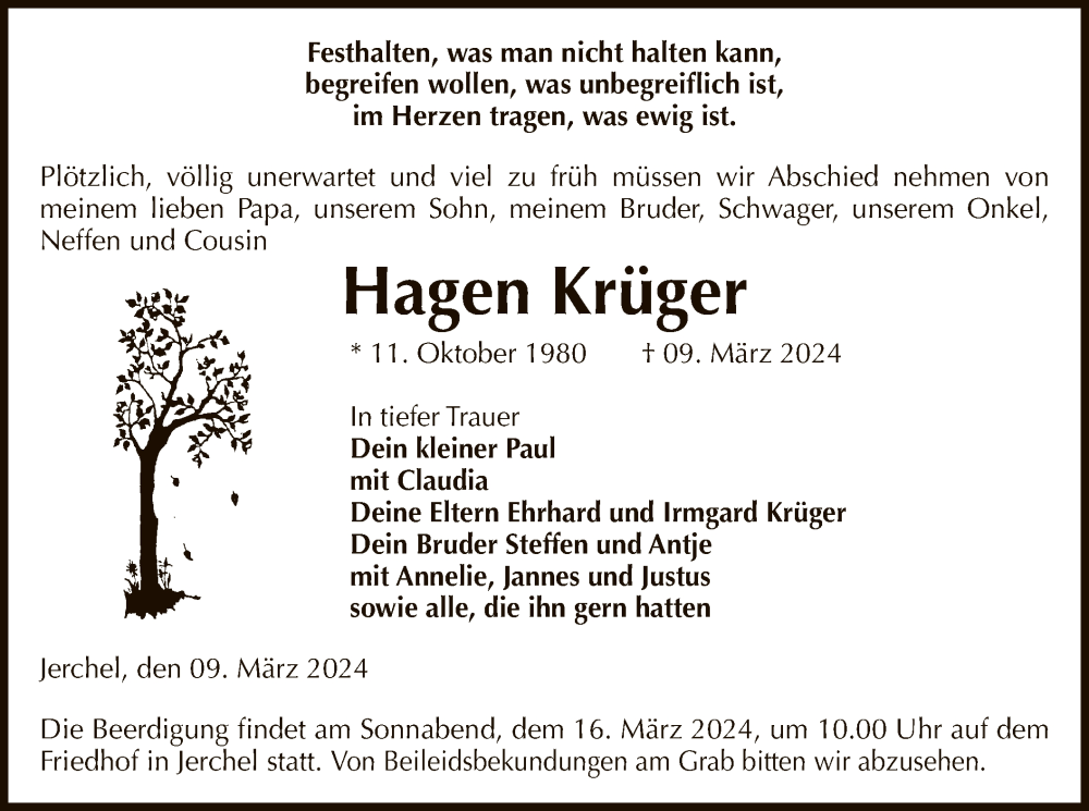  Traueranzeige für Hagen Krüger vom 14.03.2024 aus UEL